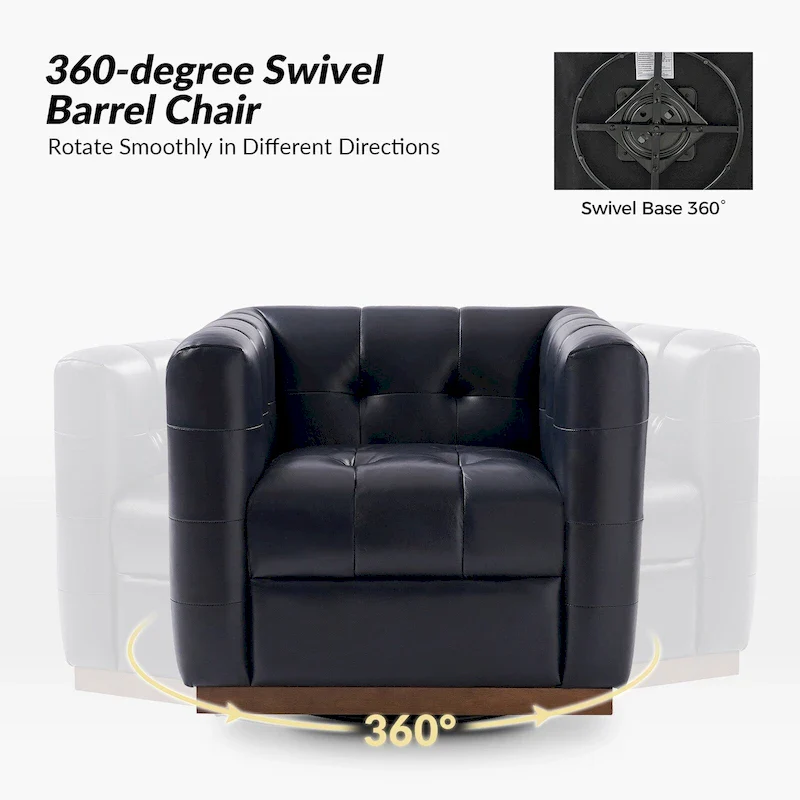 JeremiasMid-certury Modern GenuineLeatherTufted SwivelClubChair with Wooden Apron by HULALA HOME
