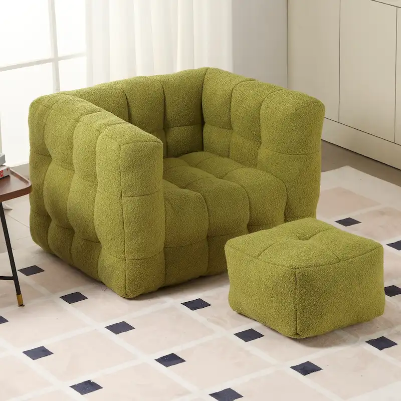 HOMEFUN Boucle Upholstered Tufted Modern Single Side Sofa Chair with Ottoman
