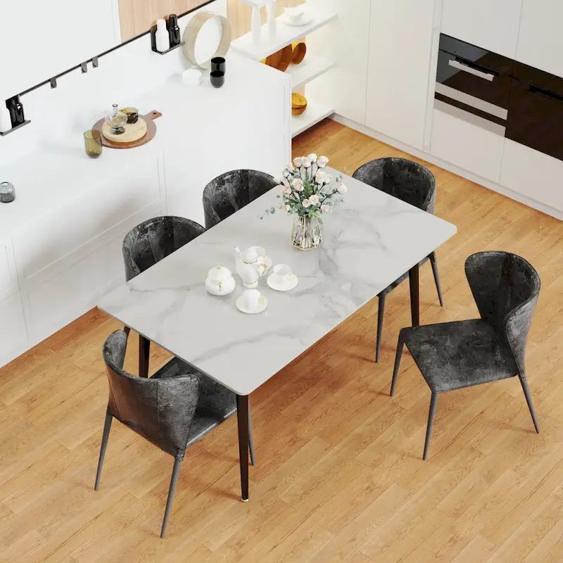 6 Seater Kitchen Dining Table Modern Marble Tabletop Rectangular with Tapered Metal Legs