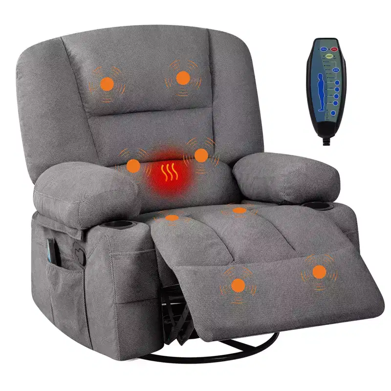 360 Swivel Recliner Chair with Heat and Massage, Recliner for Adults, Single Sofa Seat with 3 Positions, 2 Pockets, 2 Cup Holders and 1 Storage