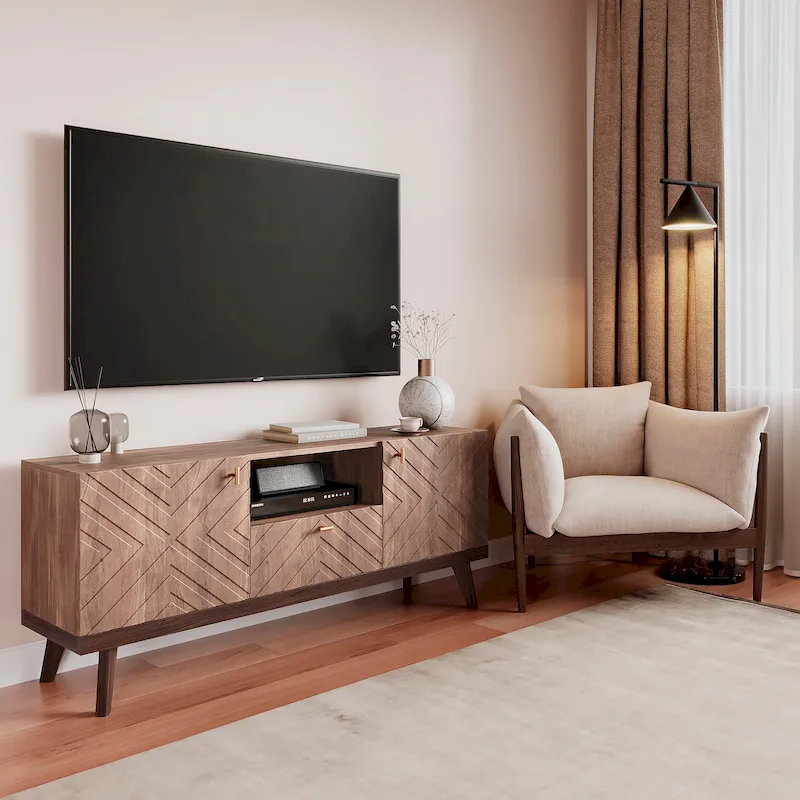 Living Skog Alba Beige TV Stand Console with Drawer Fits TV's up to 65 in. with Wood Legs Mid Century Modern Design