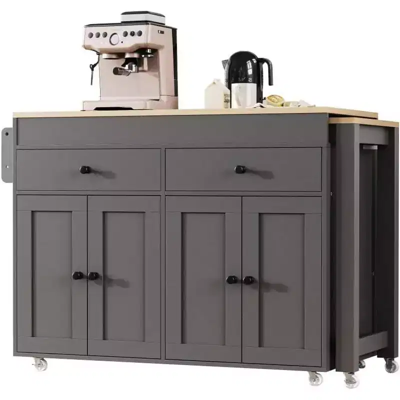74.5 Rolling Kitchen Island Cart on WheelsExtendable Table, Spice Rack, 2 Drawers, 4 Doors; Grey Trolley for Home, Kitchen, or Garage