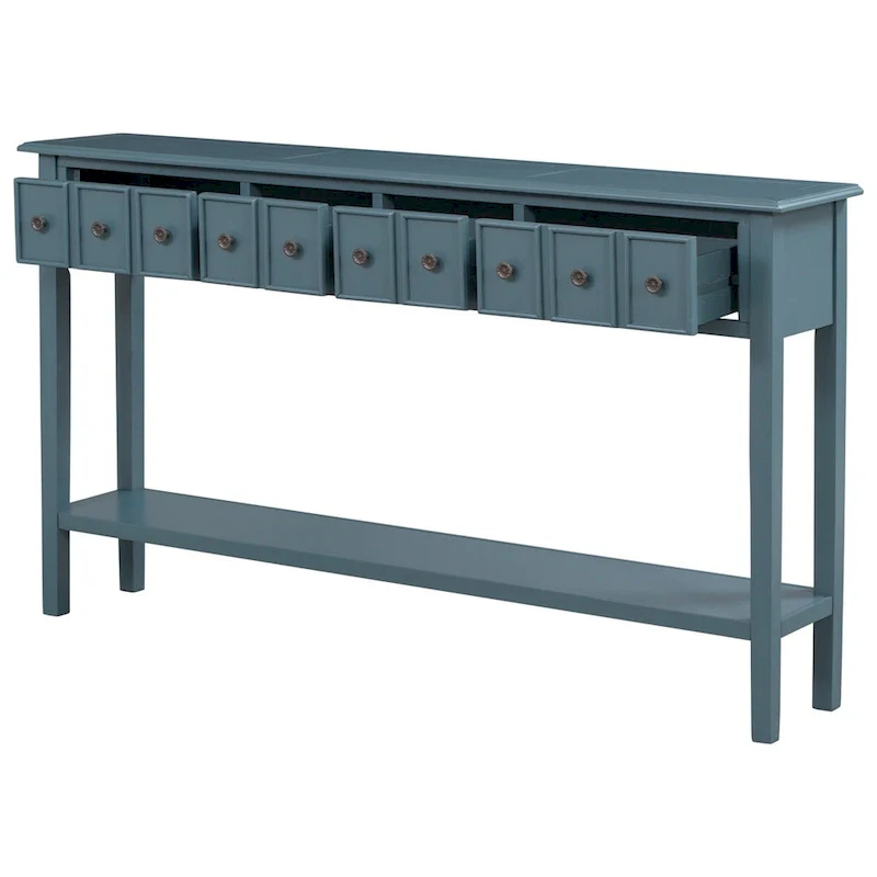 Blue / Brown / Navy Solid Wood Console Table with 4 Drawers & Lower Shelf – Rustic Style, Entryway Use