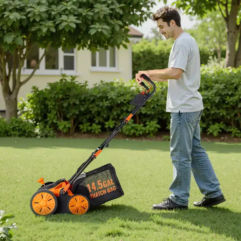 VEVOR 2-in-1 Electric Dethatcher and Scarifier, 16-Inch 15 Amp, with 14.5-Gallon Thatch Collection Bag, 5-Position Depth Adjustment, Orange&Black