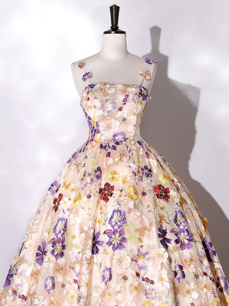 Quinceanera Dress Champagne A-line Flowers Long Prom Dress