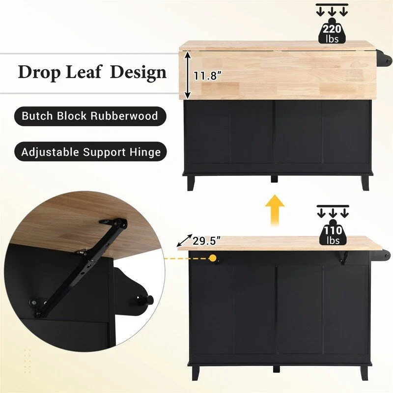 Natural Wood Kitchen Island with Drop Leaf - 2 Stools