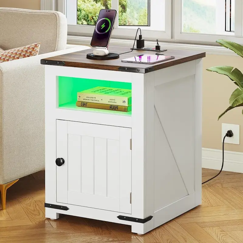 White Farmhouse End Table with Charging Station, Barn Door Style, 1-Person Use