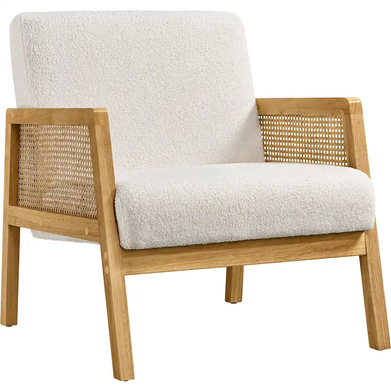 Modern Upholstered Fabric Accent Chair with Rattan Arms