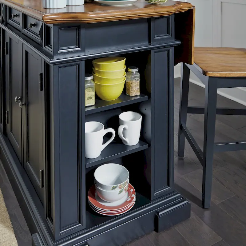 Black Kitchen Island Set with 2 Stools - Distressed Oak Top