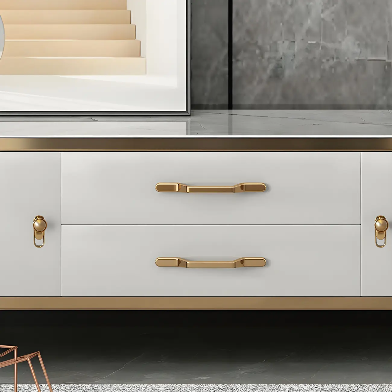 71 White Stone Fluted Panels Gold Trim TV Stand with Cabinet