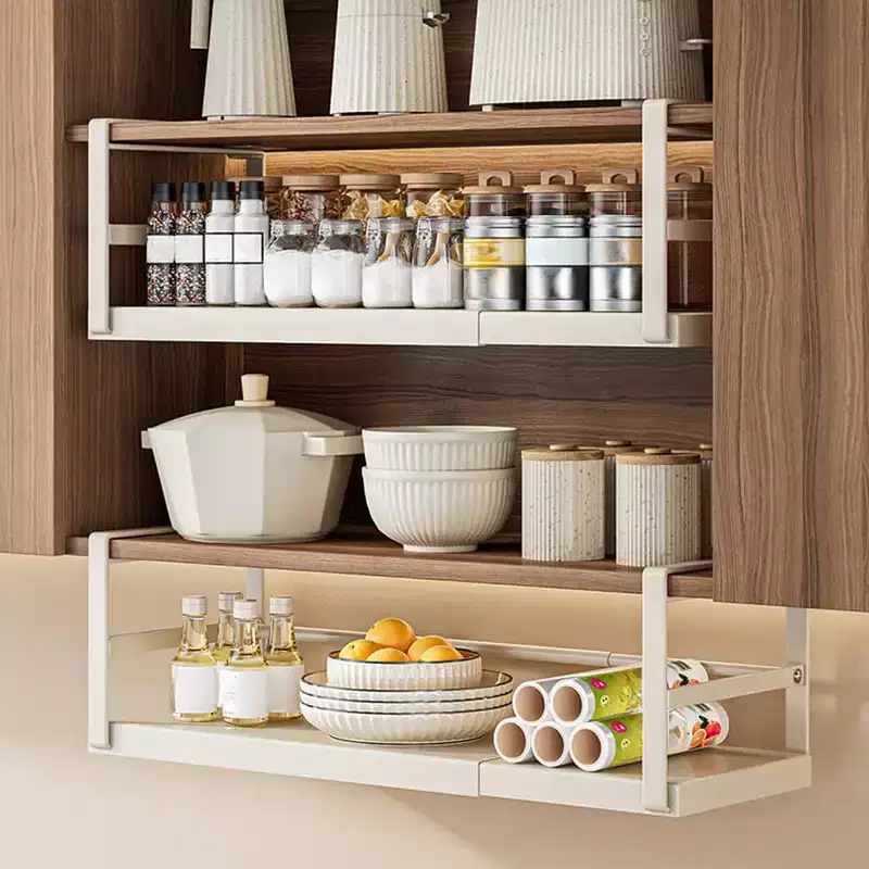 Expandable Under Cabinet Shelfs, Hanging Under Shelf Storage Basket, Metal Storage Shelf, Heavy Duty Carbon Steel Hanging Organizer for Pantry Kitchen