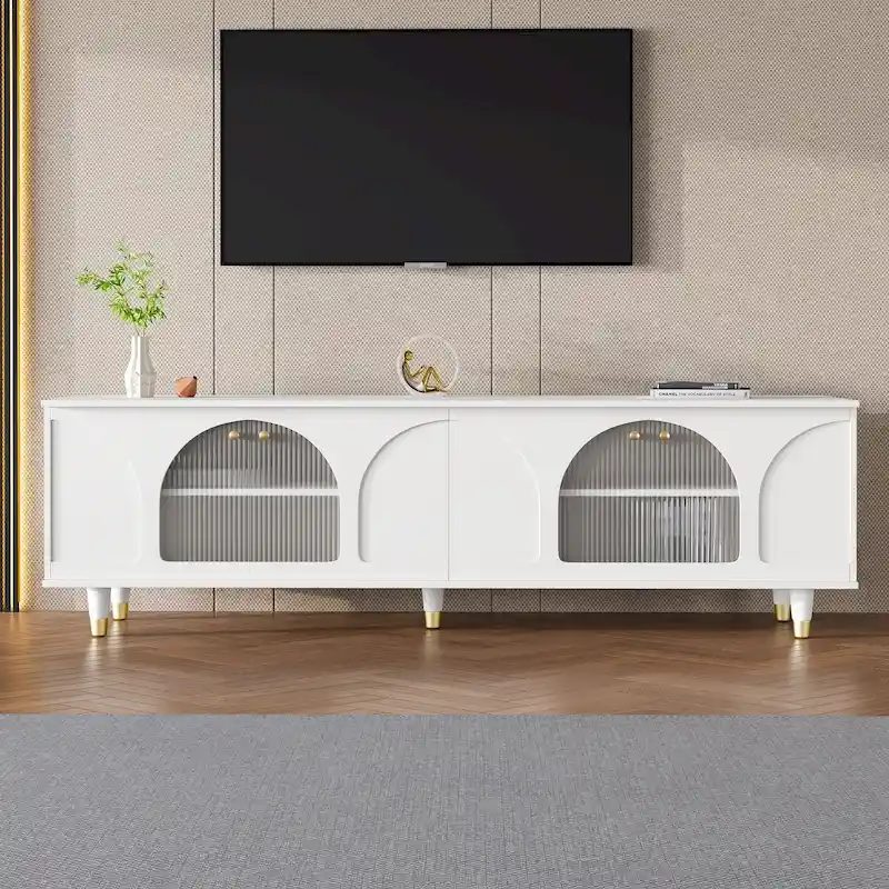 Stylish Media Console with Gold Handles and Arch Fluted Glass Doors