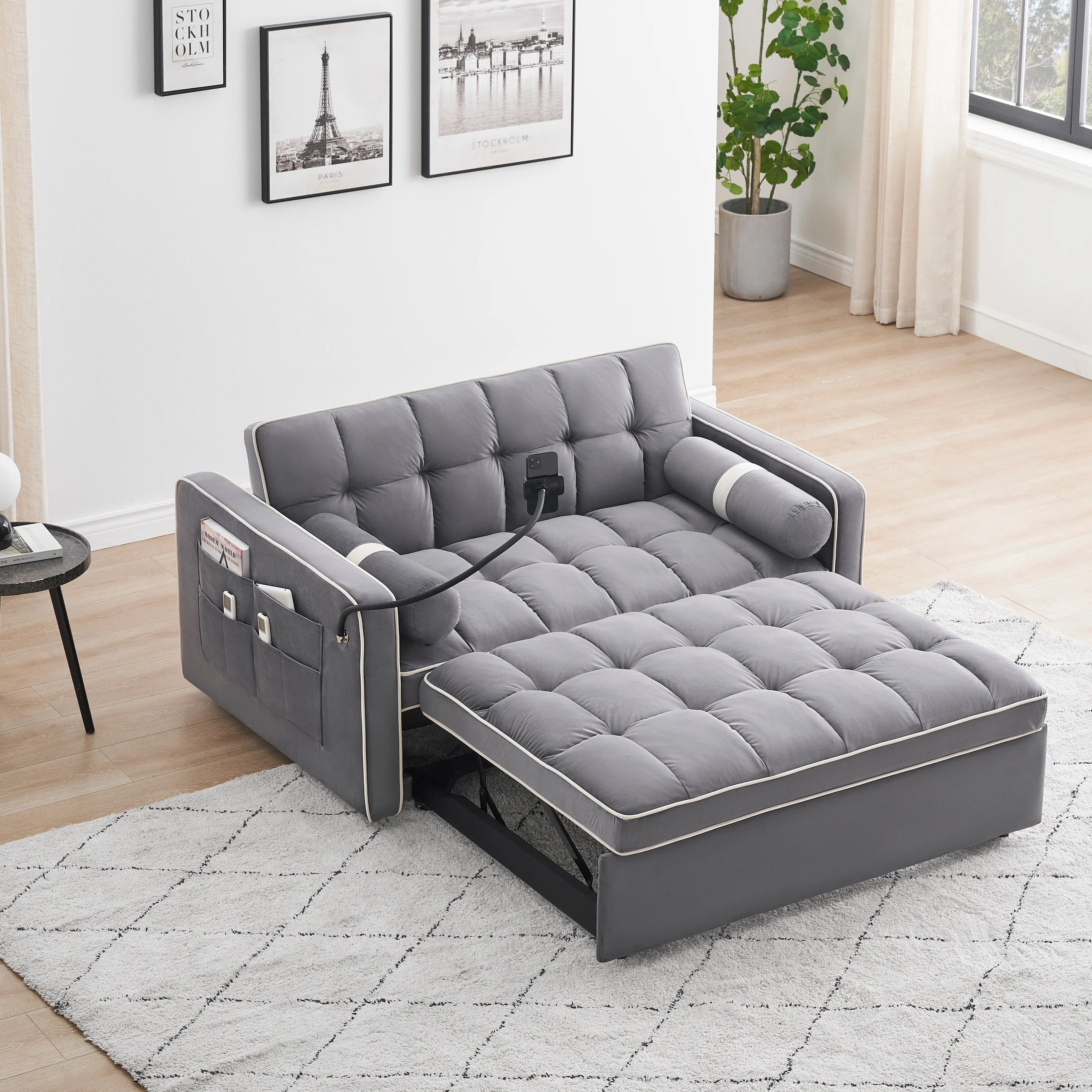 Velvet Convertible 55'' 2-Seater Sleeper Sofa with Pull-Out Bed, Adjustable Recline, Side Pockets, and Phone Holder