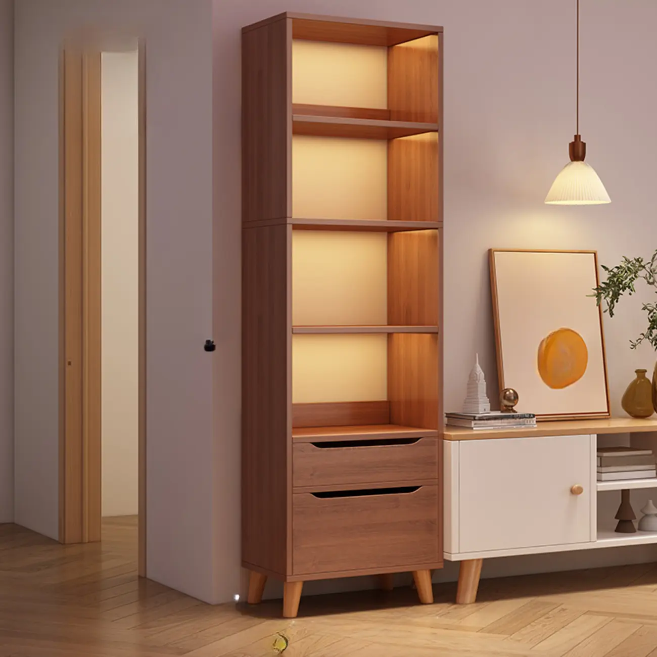 Tall Gray 4-Tier Open Back Wood Bookshelf with Drawer