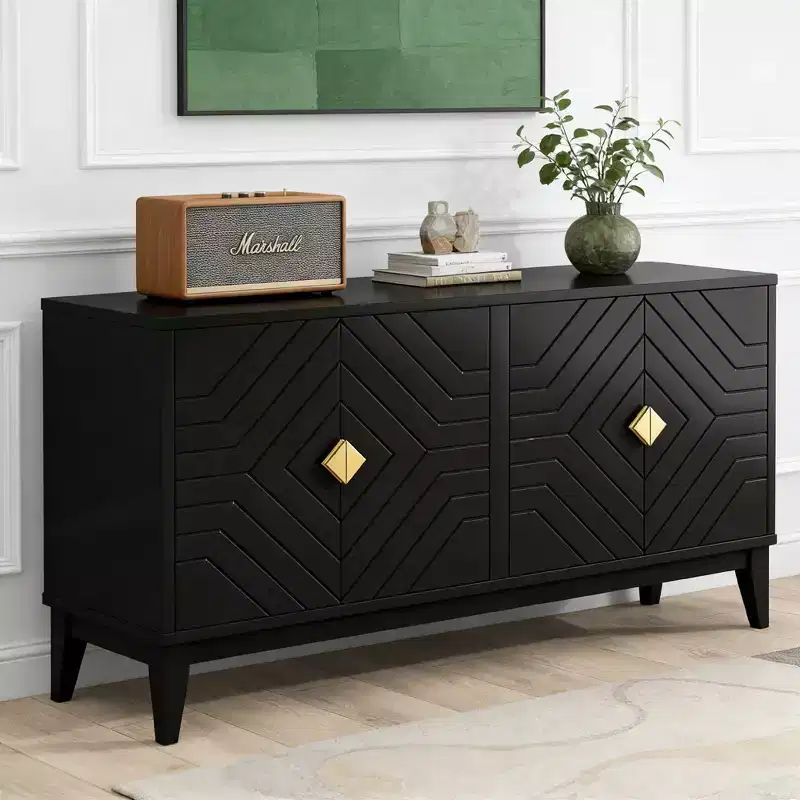 Luxystar 4-Door Sideboard Storage Cabinet with 2 Adjustable Shelves for Living Room and Dining Room, Black