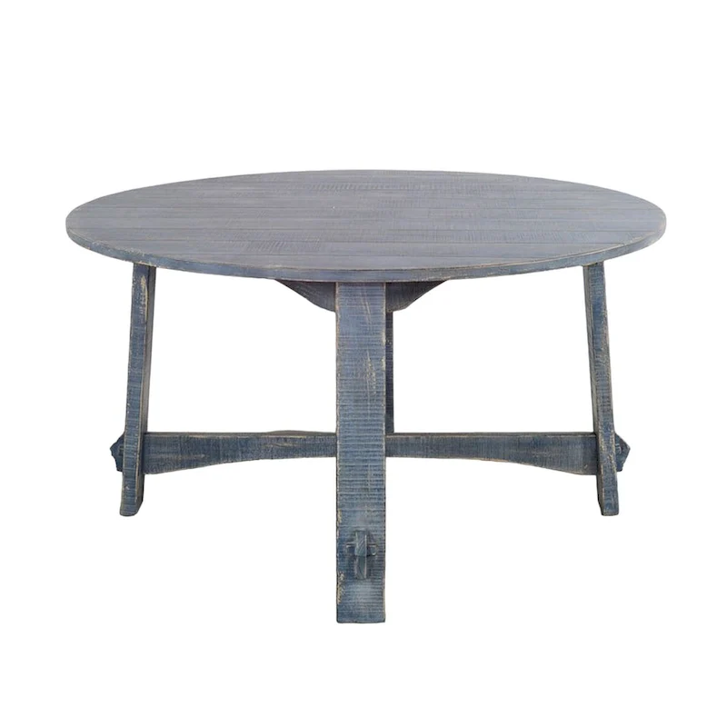 Rena Dining Table, 54 Inch Round Planked Ocean Blue Mahogany Wood