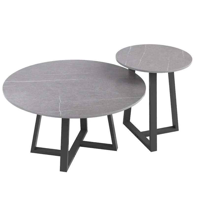Set of 2 Round Nesting Tables Sintered Stone Marble Coffee Table - 31.5x15.7 inch