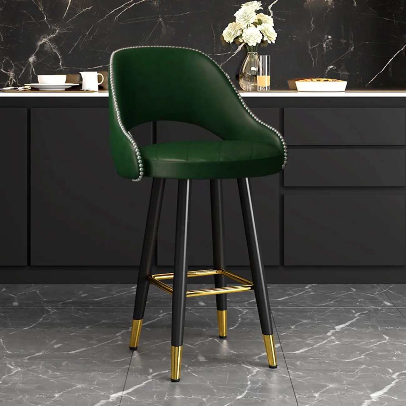 Modern Round Leather Curved Back Bar Stools