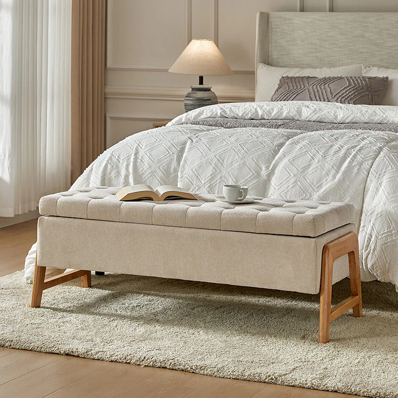 Mid-Century Upholstered Storage Bench with Arms | Tan / Brown / Ivory / Turquoise | Single