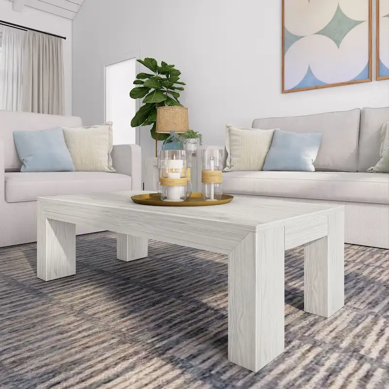 Modern Rectangular Coffee Table 48 x 24 - Solid Pine Wood, Wirebrush Finish, Non-Toxic, 15H