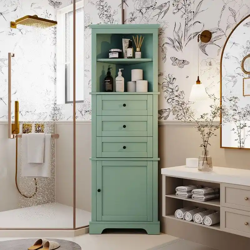 Triangle Tall Bathroom Cabinet with 3 Drawers and Adjustable Shelves