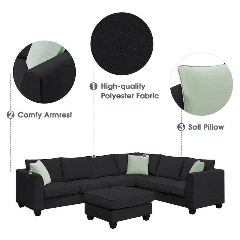 112*87 Sectional Sofa Couches Living Room Sets 7 Seats Modular Sectional Sofa with 3 Pillows, Black