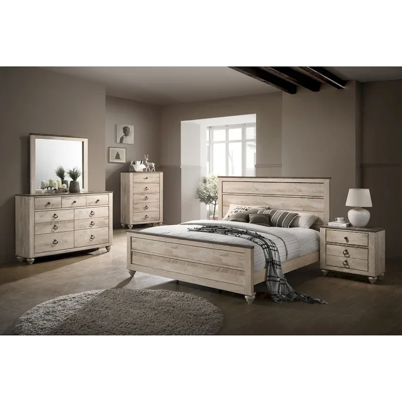 Contemporary White Wash Finish 5-Piece Bedroom Set, Queen