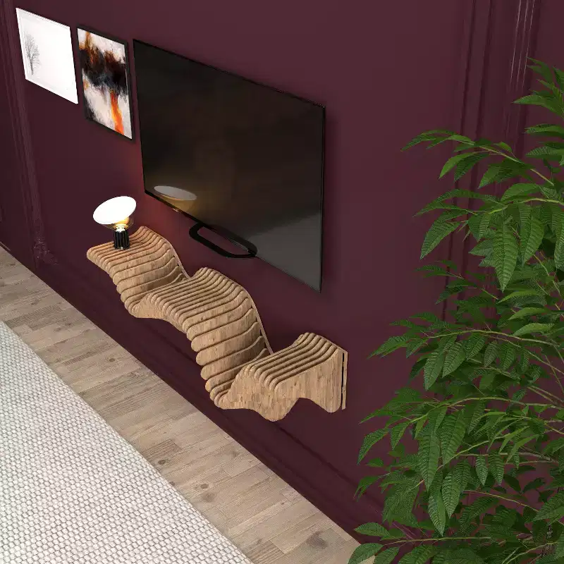 HomeStock Parametric 40 inch Floating Shelf TV Unit Modern Geometric Wooden Wall Piece Decor Natural Oak Color 3D Wavy Living and Gaming Room Shelf