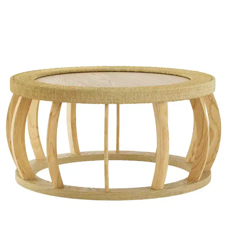 GDFStudio Olumide Bohemian Wooden Round Coffee Table with Curved Legs and Rattan Design