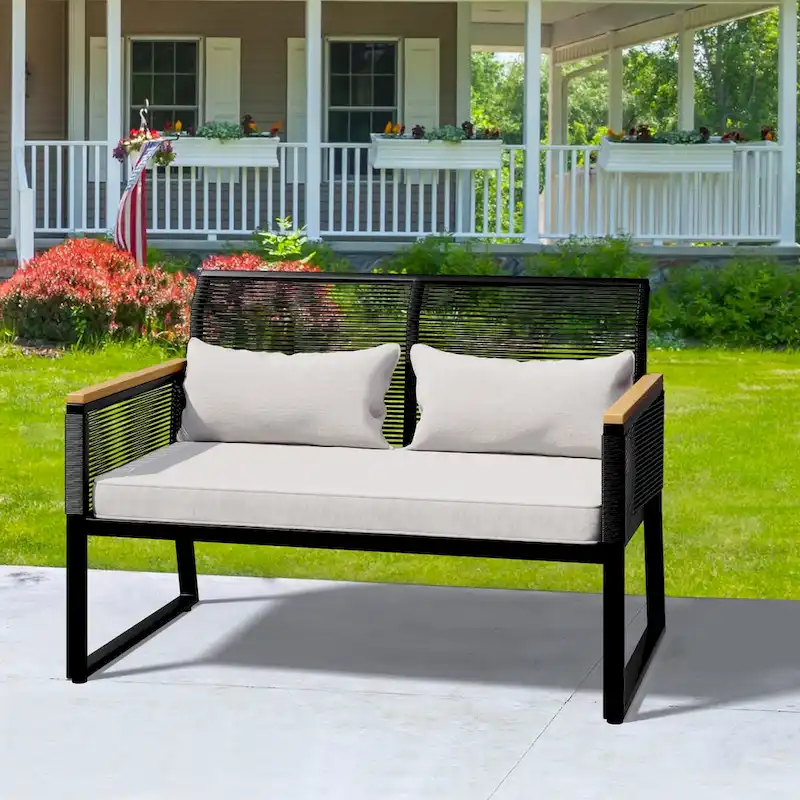 Outdoor Patio Sofa Beige Soft Cloud Cushions with Strong Black Metal Furniture - 28Lx 45.3W x 30.7H
