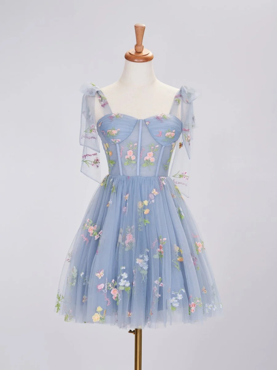 Trendy A Line Spaghetti Straps Short Homecoming Dress with Embroidery