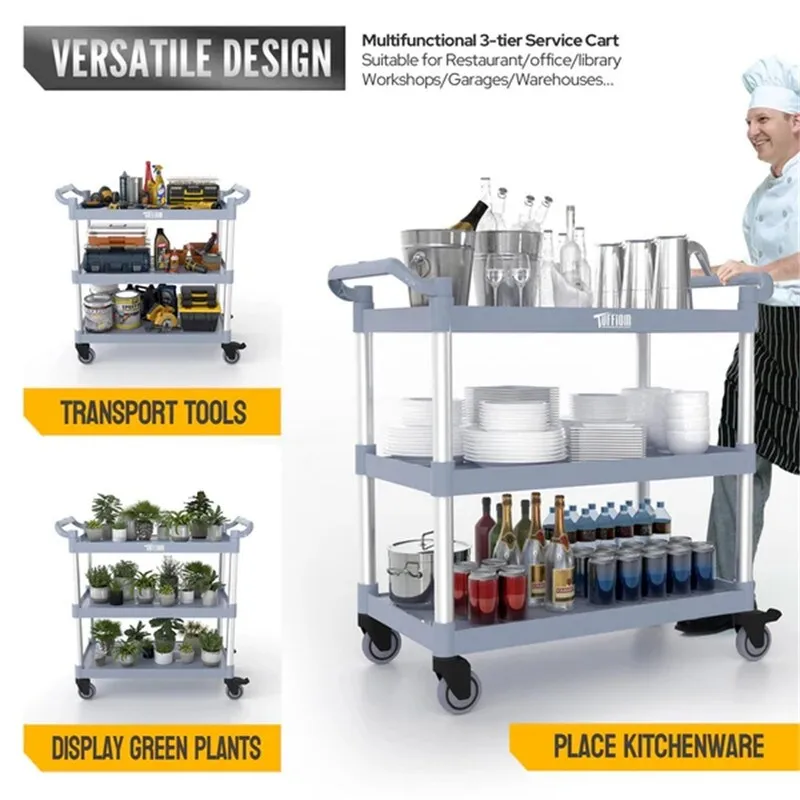 3 Tier Medium 390lbs Capacity Plastic Utility Cart with Wheels Grey