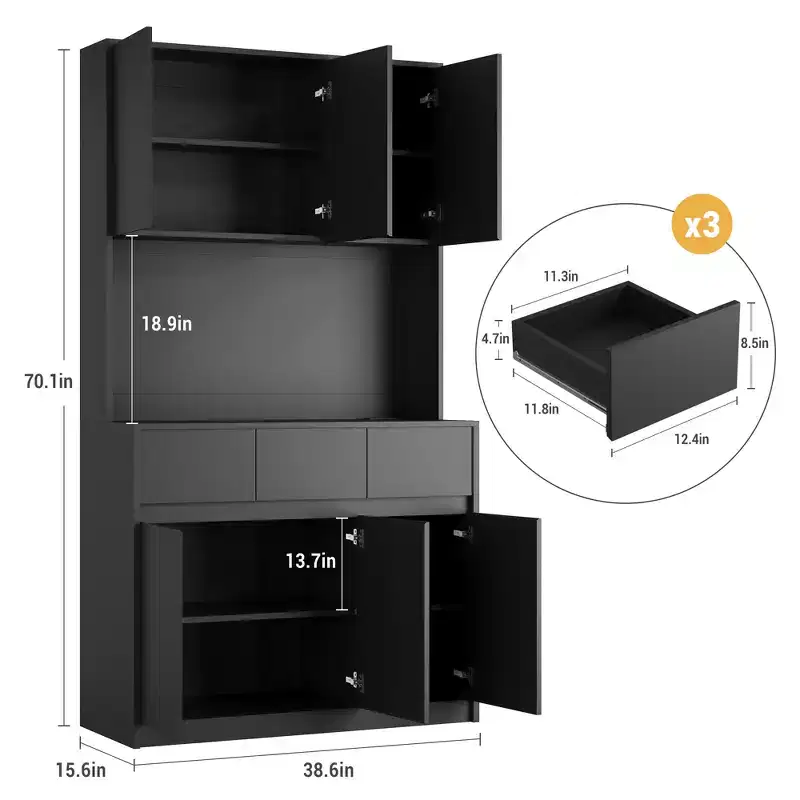 Kitchen Pantry Storage Cabinet with Charging Station, 70 Tall Farmhouse Kitchen Hutch Cabinet with Microwave Stand,Pantry with Drawers,Shelves