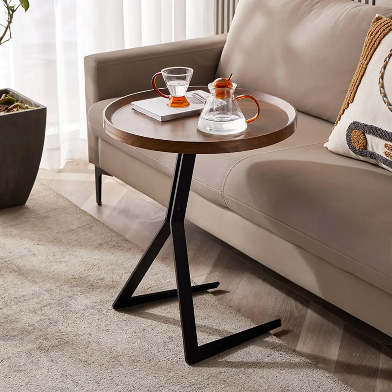 C-Shpaed Brown Wood Round Side Table with Metal Legs