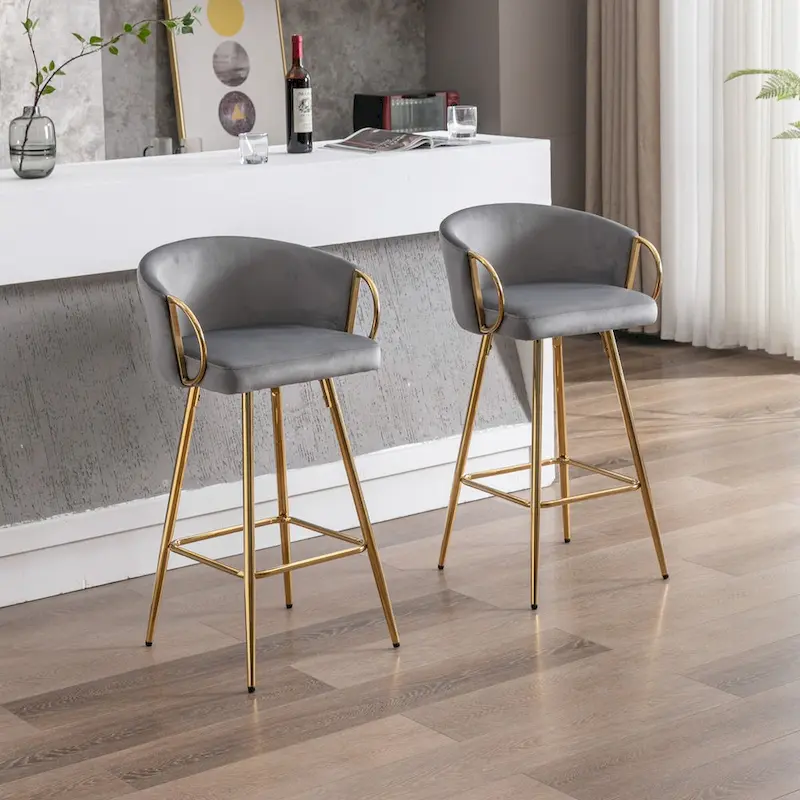 26 Inch 2 Bar Stools, with Chrome Footrest and Base Velvet + Golden Leg Simple Bar Stool, GRAY