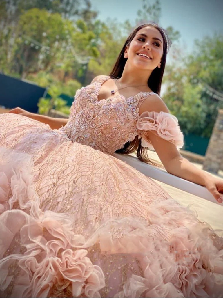 Blush Pink V Neckline Tulle Flower Quinceanera Dresses