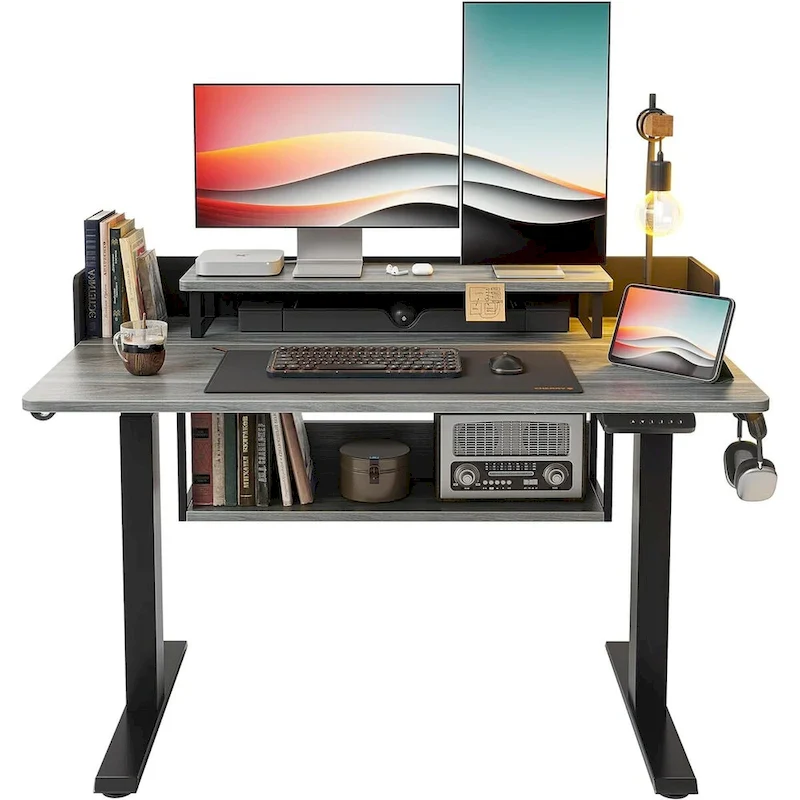 FEZIBO Electric Standing Desk with Shelves, Sit Stand Rising Desk with Monitor Stand and Storage, Ergonomic Home Office Desk