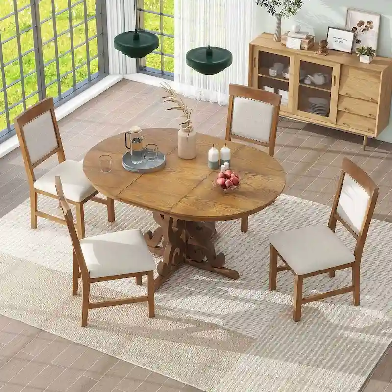 58  Traditional Extendable Dining Table Set with 4 Upholstered Chairs