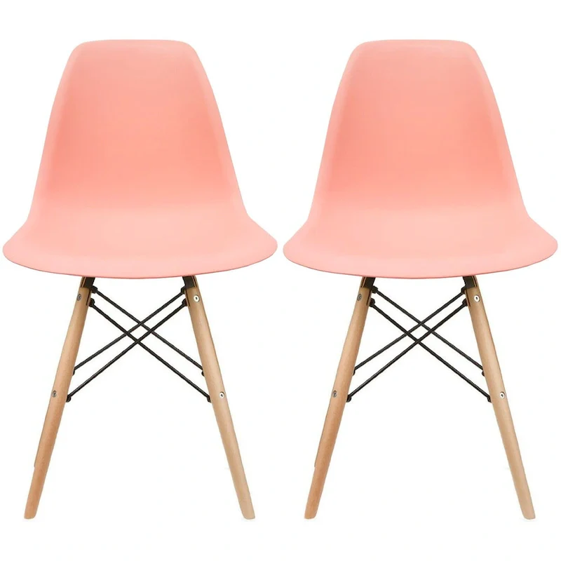 Set of 2 Mid-Century Modern Dining Chairs Armless Plastic Shell Seat with Natural Wooden Eiffel Leg Base, Red