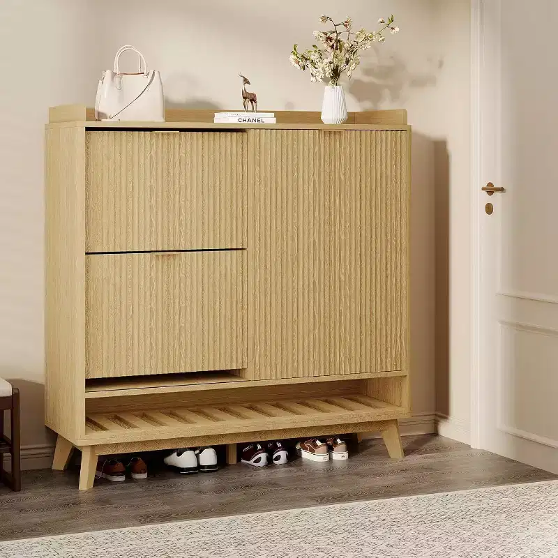 Large Fluted Shoe Cabinet, Narrow Freestanding Wooden Shoe Storage Organizer, 2 Drawers, Adjustable Shelves, for Foyer & Hallway