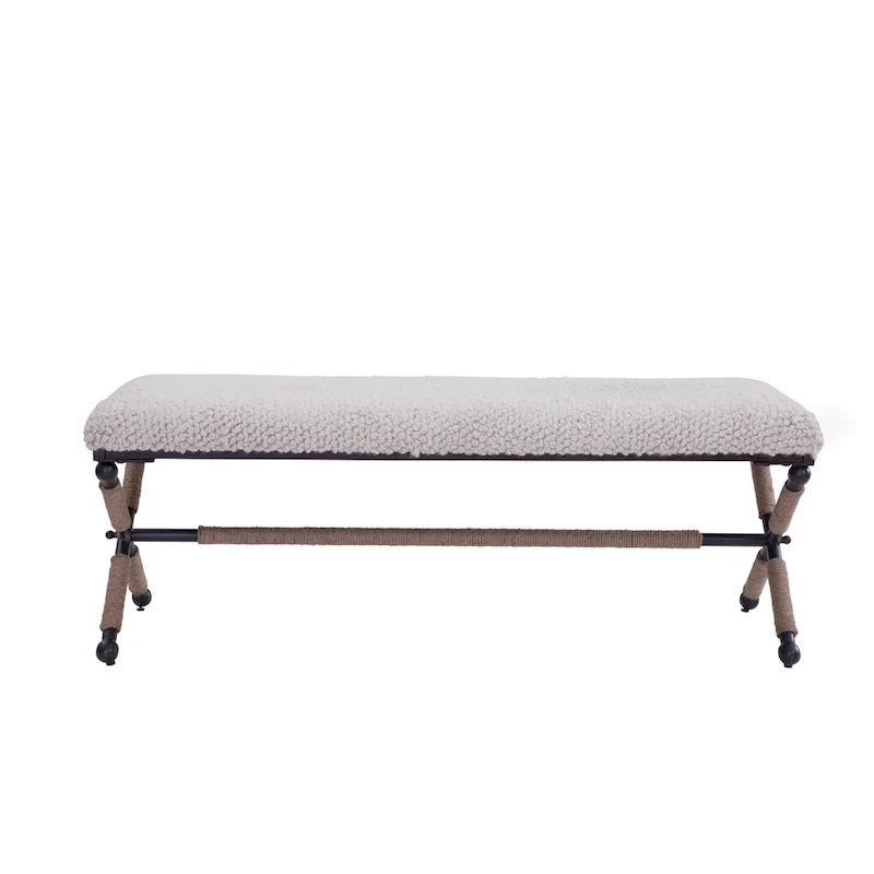 48-Inch Double Bench with Boucle Upholstered Seat and Metal X Base