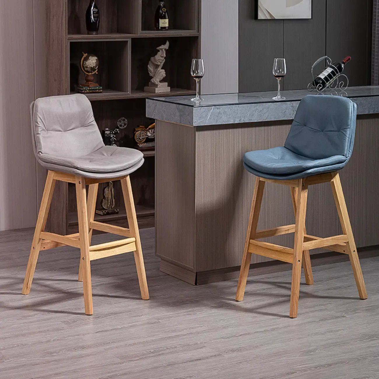 Scandinavian Wood Frame Leather Ergonomic Bucket Bar Stool