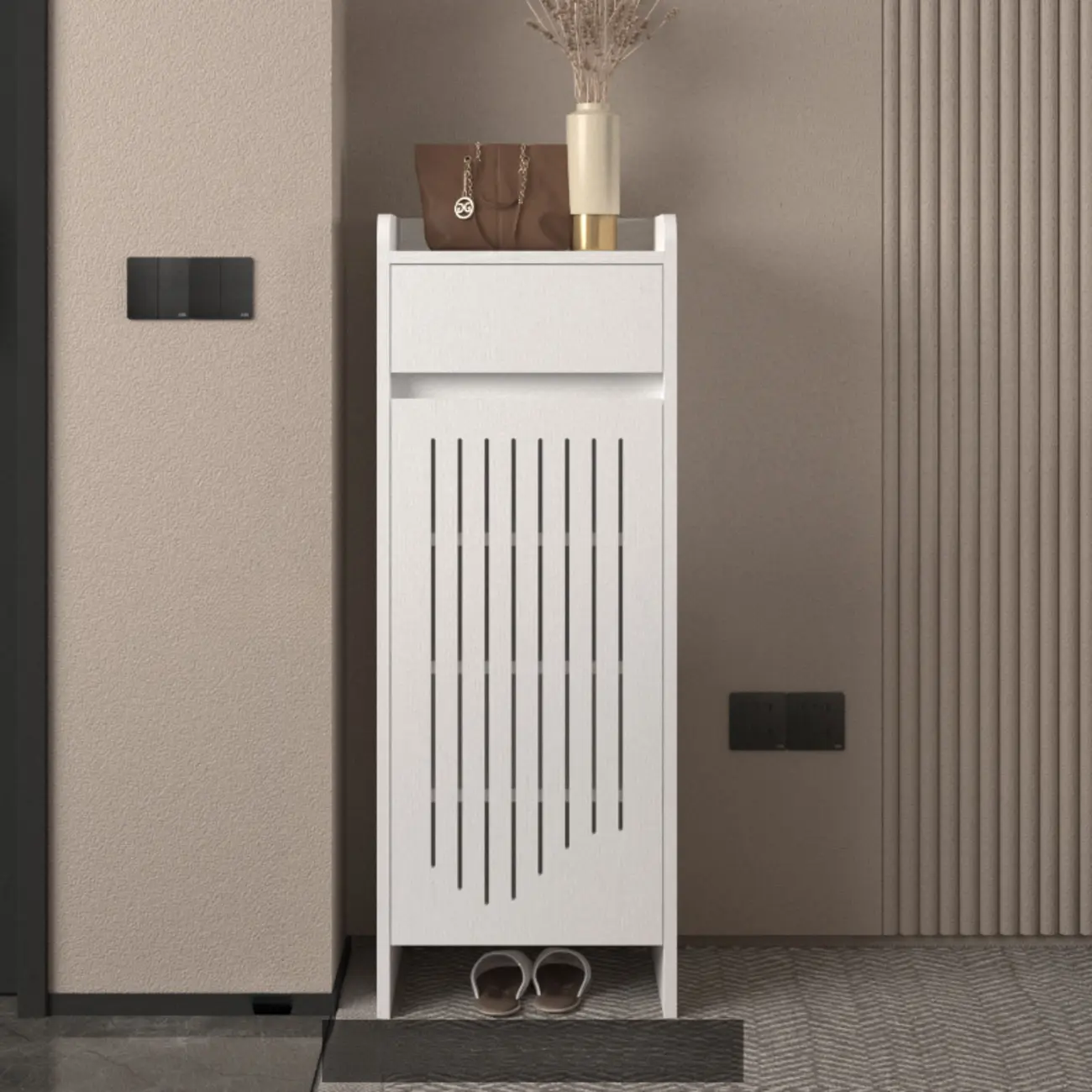 Modern Slim Wood Beige Entryway Shoe Cabinet