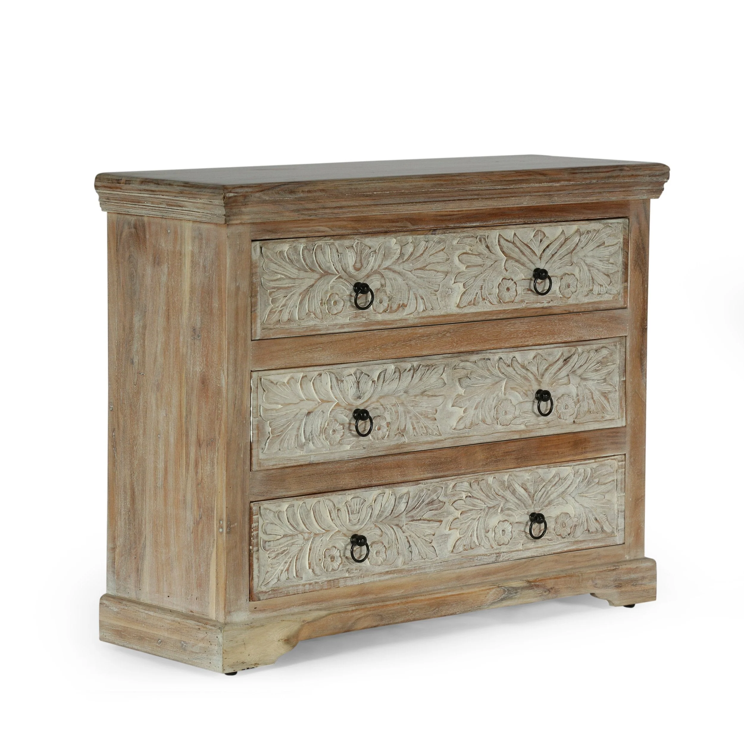 Boho Handcrafted Acacia Wood 3 Drawer Chest, Natural and White - NH715413