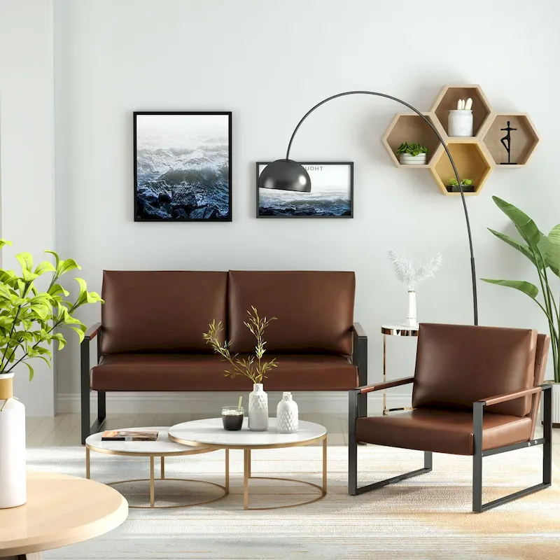 Mid-Century Style 3-Piece PU Leather Living Room Sofa Set Including 2 Armchairs and 1 Loveseat Sofa