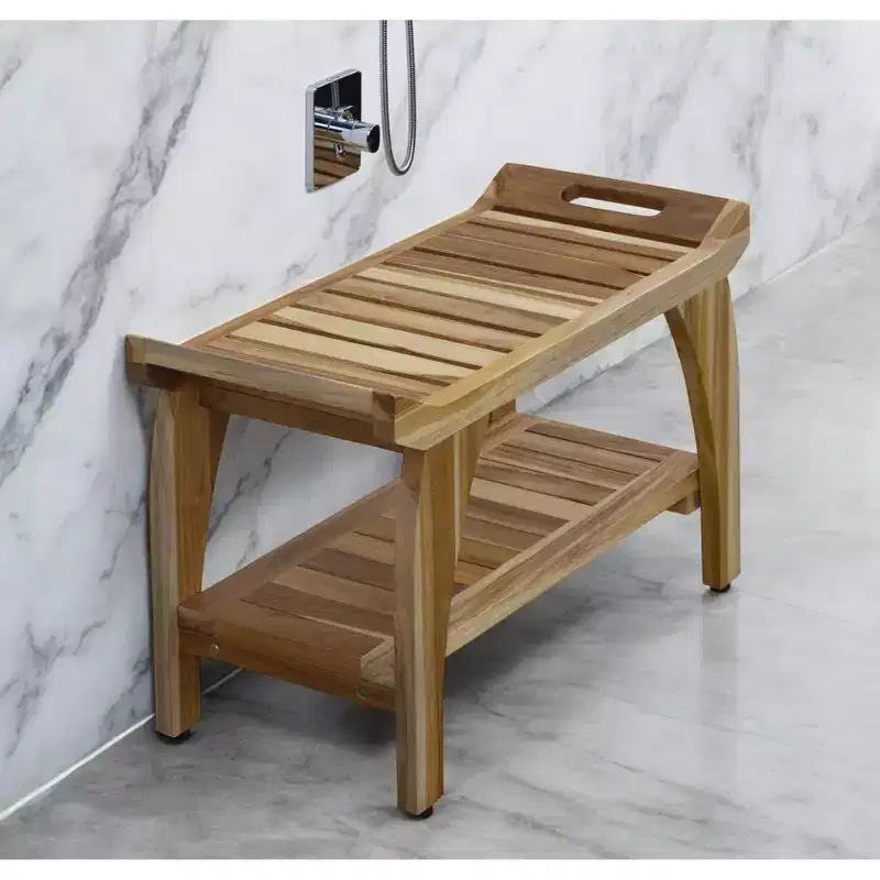HomeRoots 29 Teak Rectangular Shower Outdoor Bench With Handles In Natural Finish