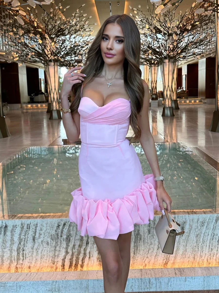 Pink - Sheath Ruffles Sweetheart Satin Short Homecoming Dresses