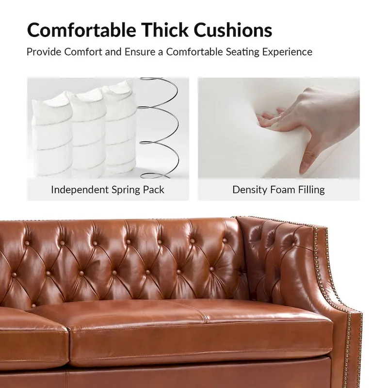 Eugne Transitional Genuine Leather Tufted Design Sofa with Solid Wood Legs by HULALA HOME