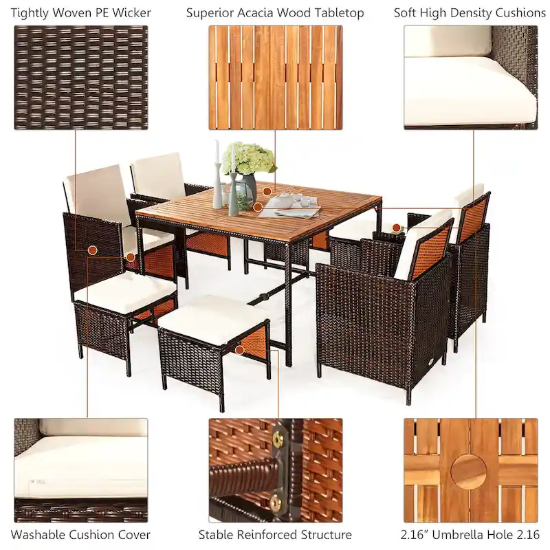 Costway 9PCS Patio Rattan Dining Set Cushioned Chairs Ottoman Wood - See Details