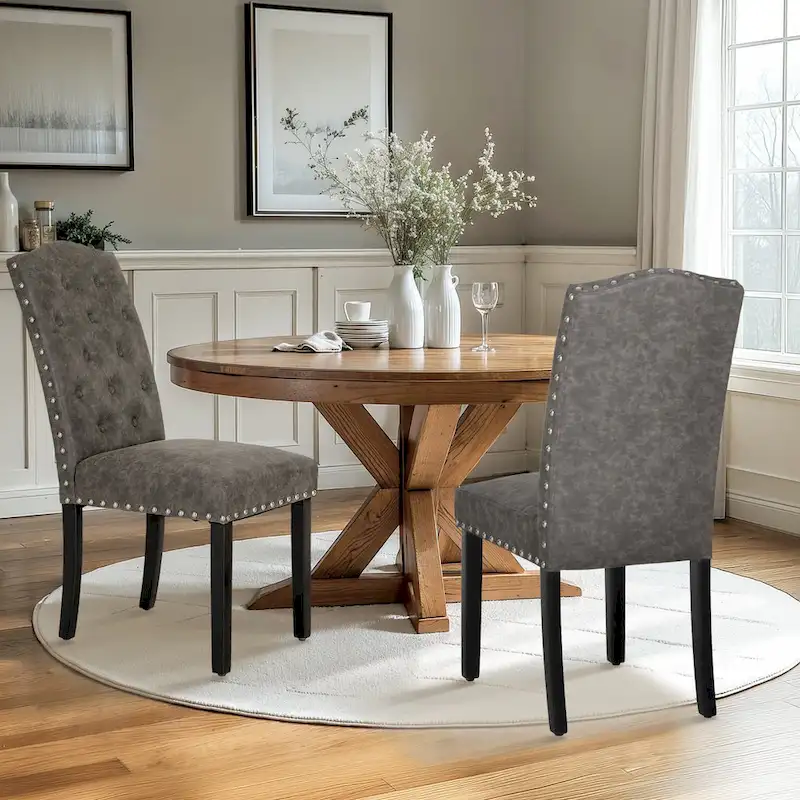 Set of 4 Upholstered Faux Leather/Fabric Dining Room Chairs with High Back and Solid Wood Legs
